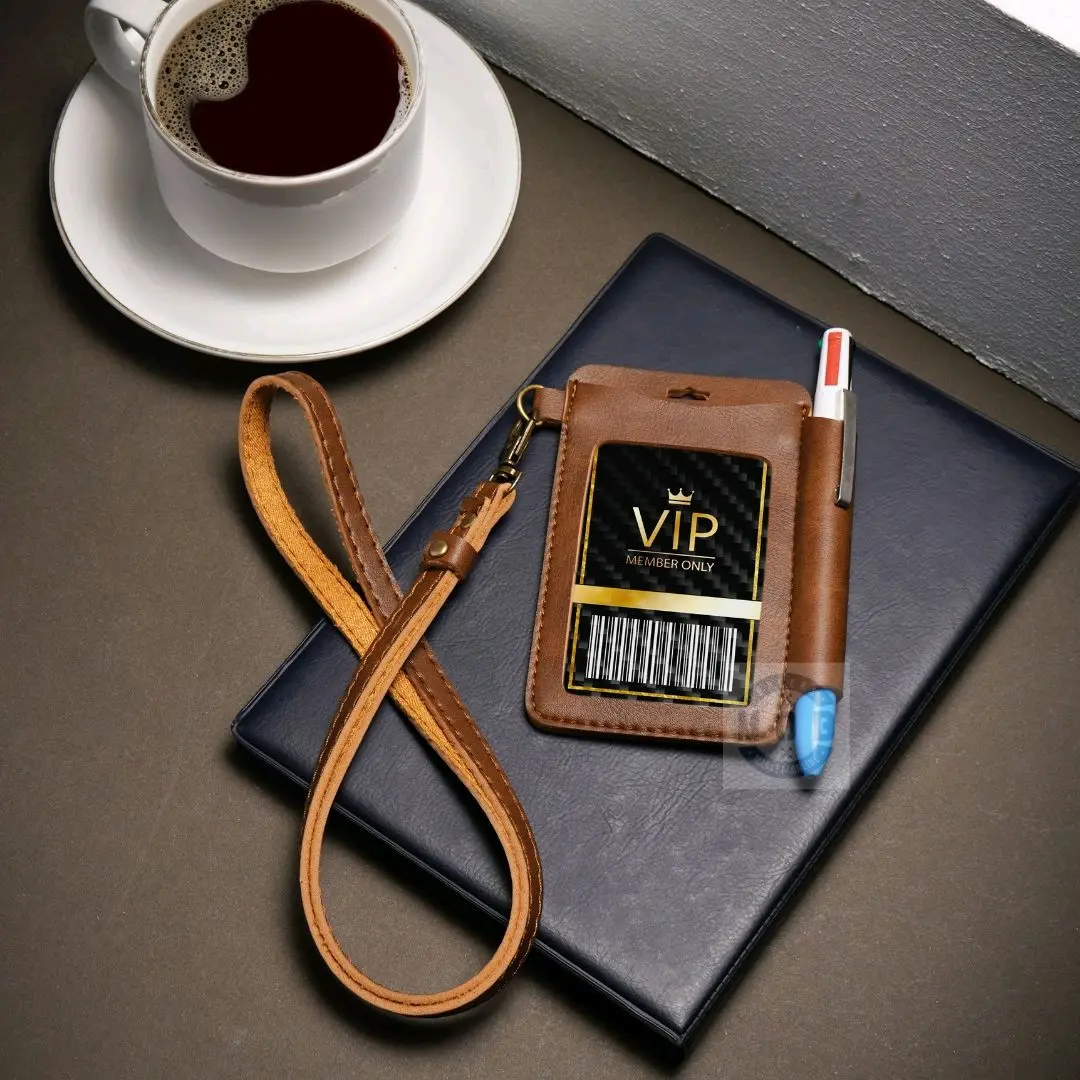 MOB Card Holder Name Tag Id Card Kulit Bisa Custom Nama Dan Logo Perusahaan - KUWERA COKLAT