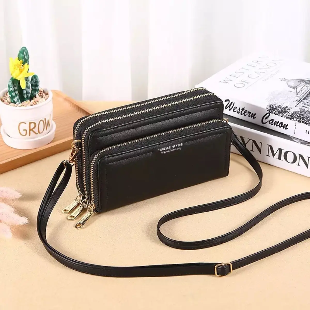 Dompet Selempang Wanita / Dompet Wanita 3 Ruang Kapasitas Besar / Dompet Panjang Kulit Lebar Resleting Ganda / Dompet Kulit Wanita Fashion Kulit PU Cewek