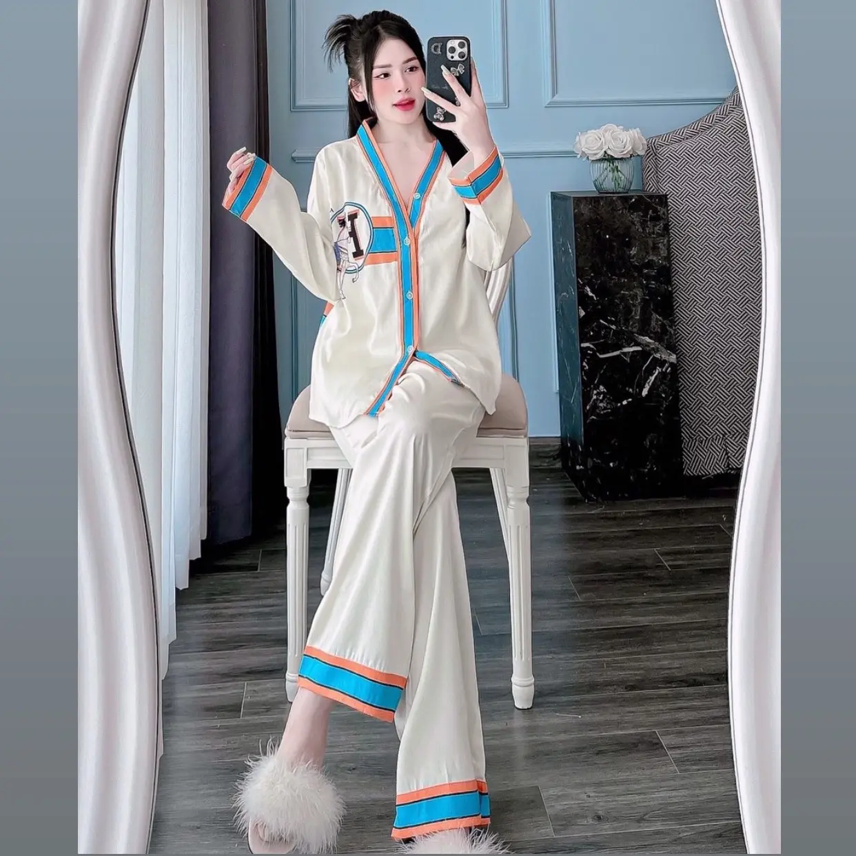 Đồ bộ mặc nhà  Ngựa chữ H ( Lụa Latin)pijama nữ Women Voi