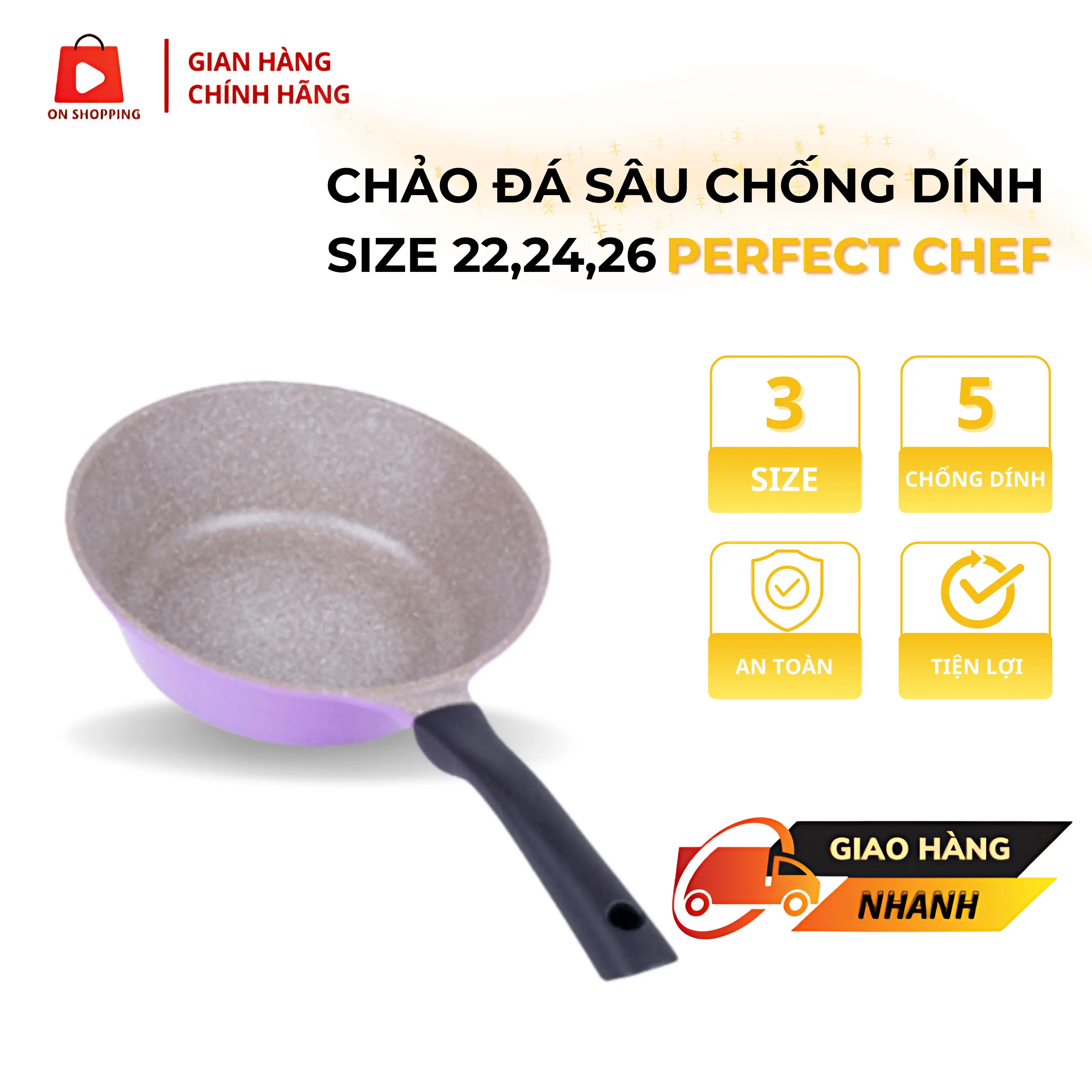 Chảo Đá Sâu Chống Dính Perfect Chef ON SHOPPING Đúc Nguyên Khối Có Lớp Vân Đá Chống Dính Size 22 - 26cm