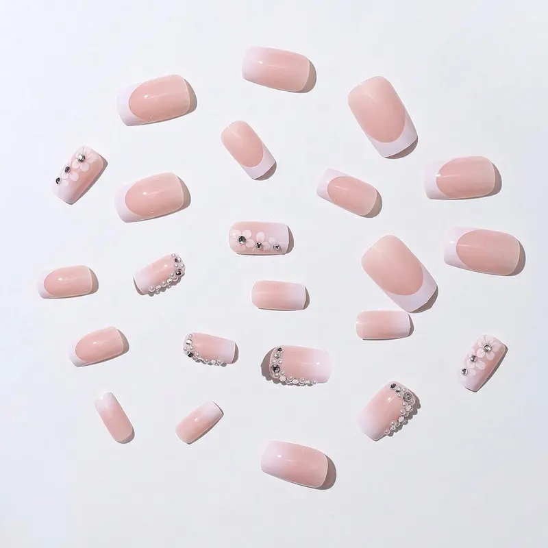 Colorblock Flower Pattern Press on Fake Nail for Women & Girls Nail Art, 24pcs Rhinestone Decor Fashion Press on Nails & 1 Sheet Tape & 1 Count Nail File, Elegant Stick on Nails Kit for Women's Gift 3