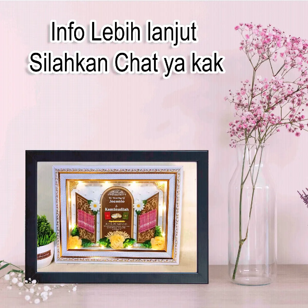 Bingkai Foto 3D / Bingkai Pernikahan sudah di hias Kaca Dipasang di Dinding