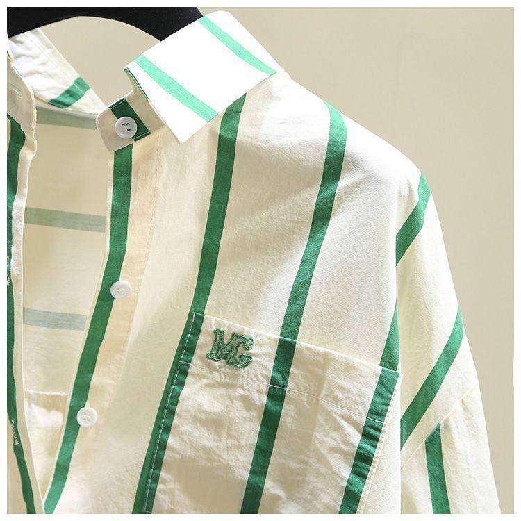 Product Introduction of Young Green Striped Shirt for Women 2024 Spring and Autumn New Korean Style Loose Casual Long Sleeves Shirt Sun Protection Shirt Top 16