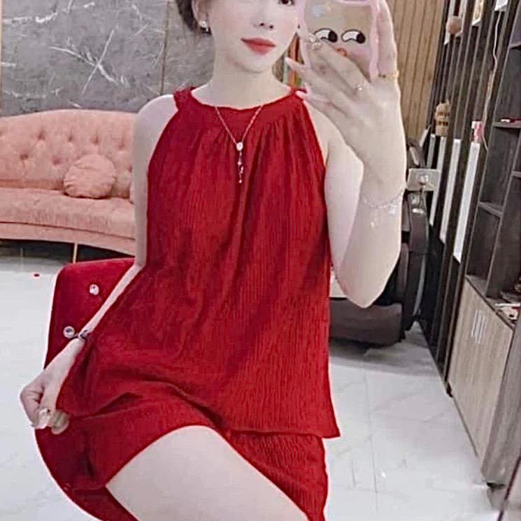 Đồ Bộ Đùi Nữ Áo Cổ Yếm, Vải Thun Xốp Nhật, Co Dãn, Thoáng Mát đồbộ mặc ngủ ladder sleep home pijjama quần set don bongu bo ngu pijama macnha đũi Hoodie Boxy