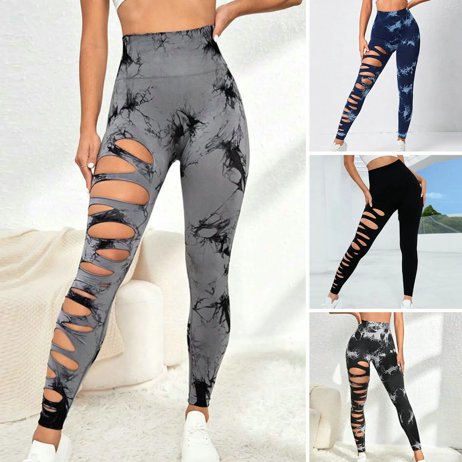Quần Legging Phong Cách Tie Dye Rỗng Cho Nữ, Quần Thể Thao Cạp Cao, Nâng Hông, Đẩy Lên, Quần Bó Tập Gym, Quần Legging Chạy Bộ, Quần Áo Thể Thao