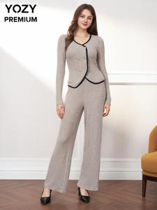 YOZY Women's Contrast Binding Double Button Blazer & Wide Leg Pants Two-piece Set, Casual V Neck Long Sleeve Outerwear & Trousers for Work Office Business, Ladies Two-piece Outfits for All Seasons, Valentine's Day Gift for Girl