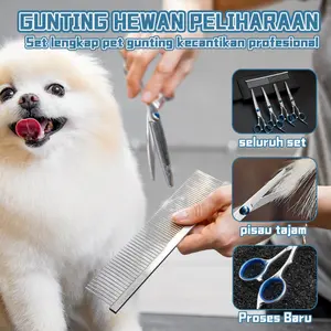 Set Gunting Profesional untuk Perawatan Hewan Peliharaan, Termasuk Gunting Rata, Gunting Gigi Penipis, dan Gunting Melengkung Blending, Peralatan Grooming Portabel yang Lengkap untuk Potong dan Tata Bulu Anjing Kucing