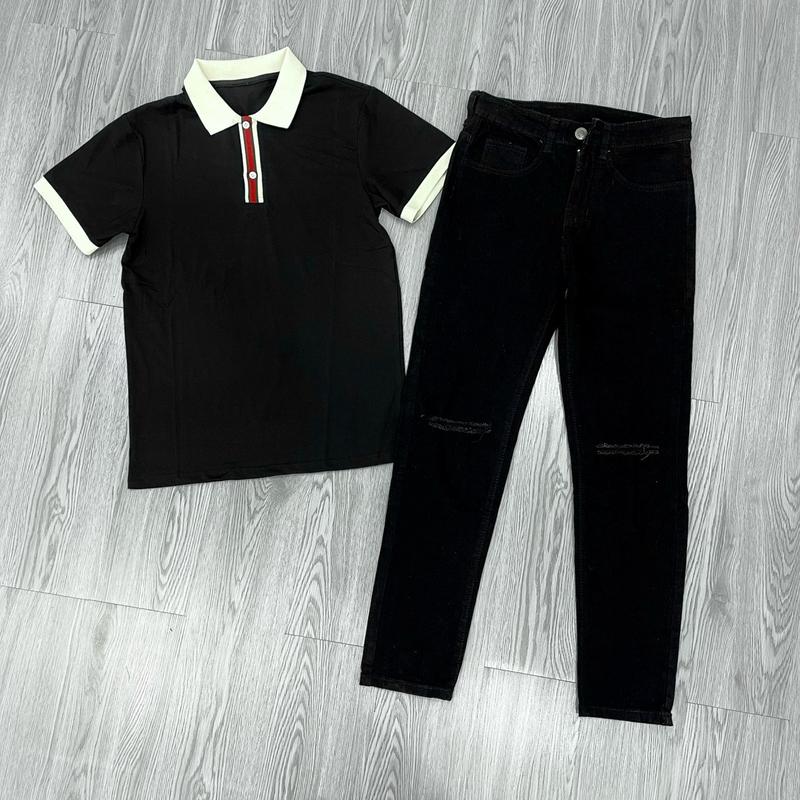 Bộ Áo Polo Nam Cổ Sọc PL31Đ Phối Quần Jean Nam Rách gối 50 Menswear Có Cổ Pants Shirt Có Túi