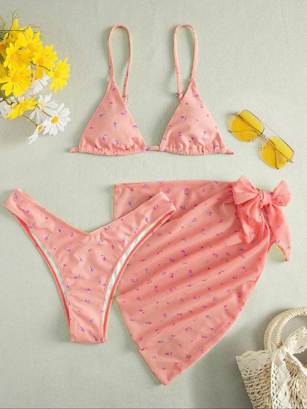 Three-Piece Set Women's Ditsy Floral Print Bow Decor Swimsuit Set, Summer Clothes Women, Adjustable Strap Triangle Bikini Bra & High Cut Bikini Panty & Asymmetrical Cover Up Skirt Set, Women's Swimwear 2
