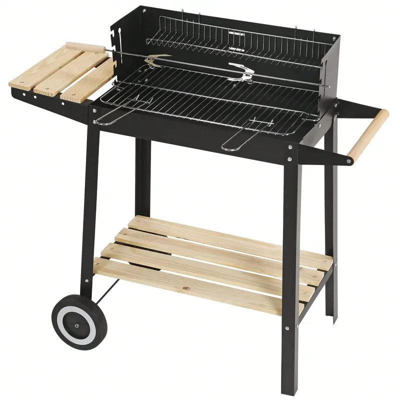 Palakjot KAUR Charcoal BBQ Barbecue Grill Steel Rectangular Trolley For Outdoor Patio Garden W/Wheels & Shelves 0