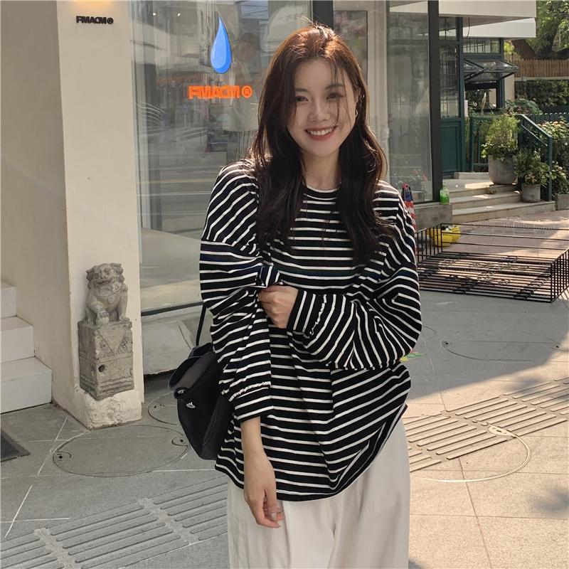 Áo Nỉ Dài Tay Nữ Dáng Rộng Kẻ Sọc Cổ Điển Phù Hợp Mùa Thu