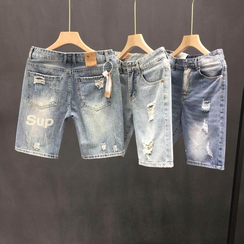 Quần Short Denim Rách, Mỏng Mùa Hè, Dành Cho Nam Giới, Thương Hiệu Thời Trang, Chất Liệu PU, Quần Đẹp Trai, Phong Cách Thẳng Hợp Xu hướng, Dáng Ôm, Dễ Phối Đồ, Quần Cropped 1