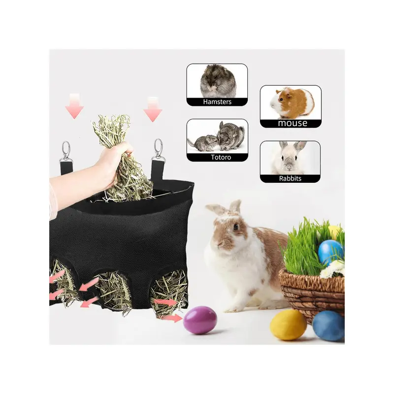 Rabbit Hay Bag Feeder, Black 600D Oxford Cloth Fabric Hay Hanging Feeder Storage For Rabbit Chinchilla Small Animals 6