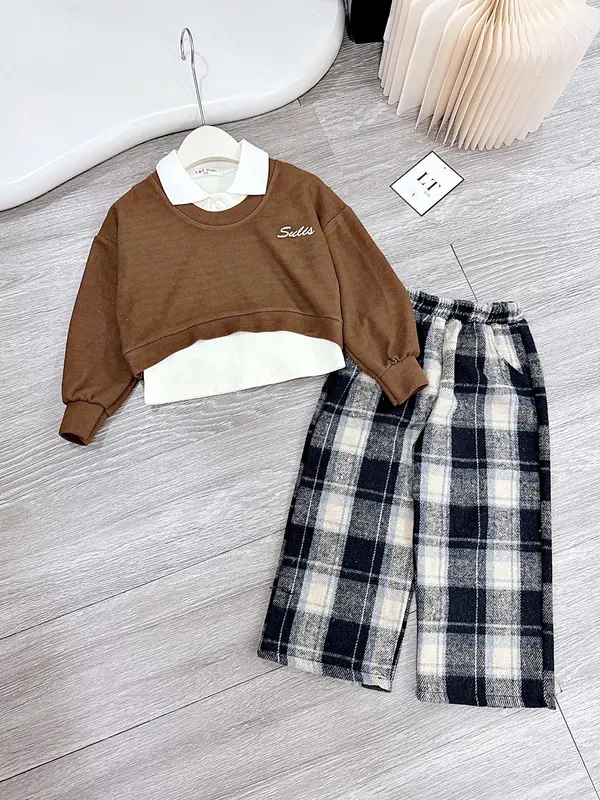 [PINI-S09] Set bộ 3 chi tiết: Aó croptop len tăm kèm áo ba lỗ cổ bẻ và quần dạ kẻ dáng xuông cho bé gái ( 9-31kg) 3