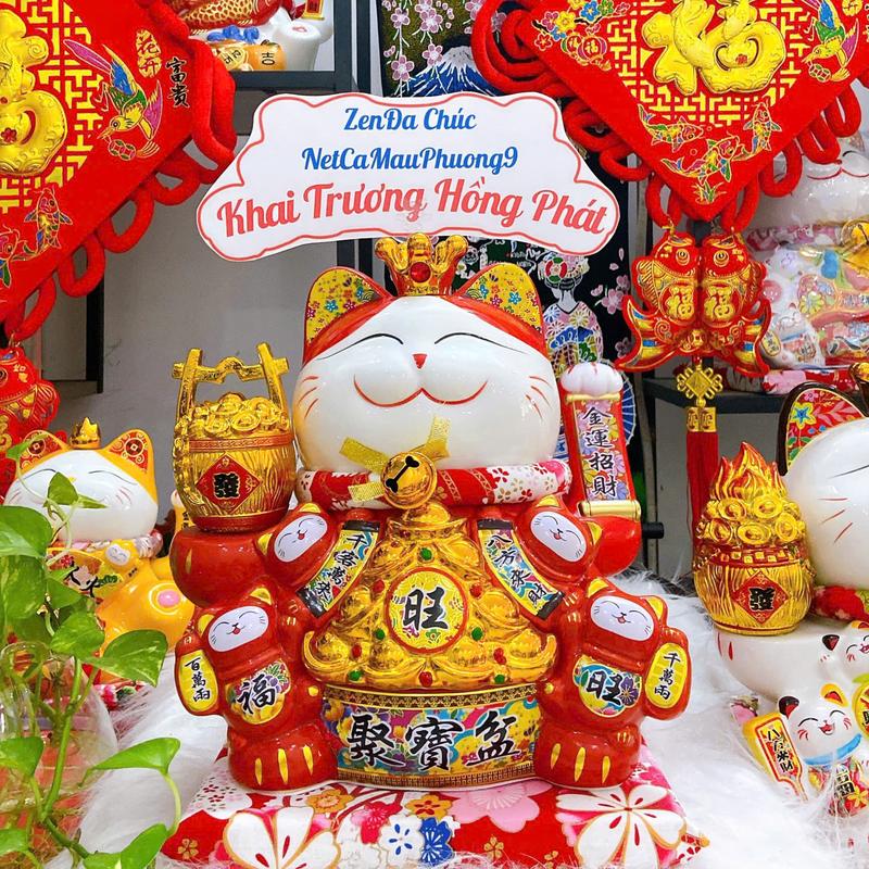 Mèo Thần Tài Vẫy Tay " Đế Vương Đỏ " Size 35CM- Quà Tặng Tân Gia Khai Trương 0