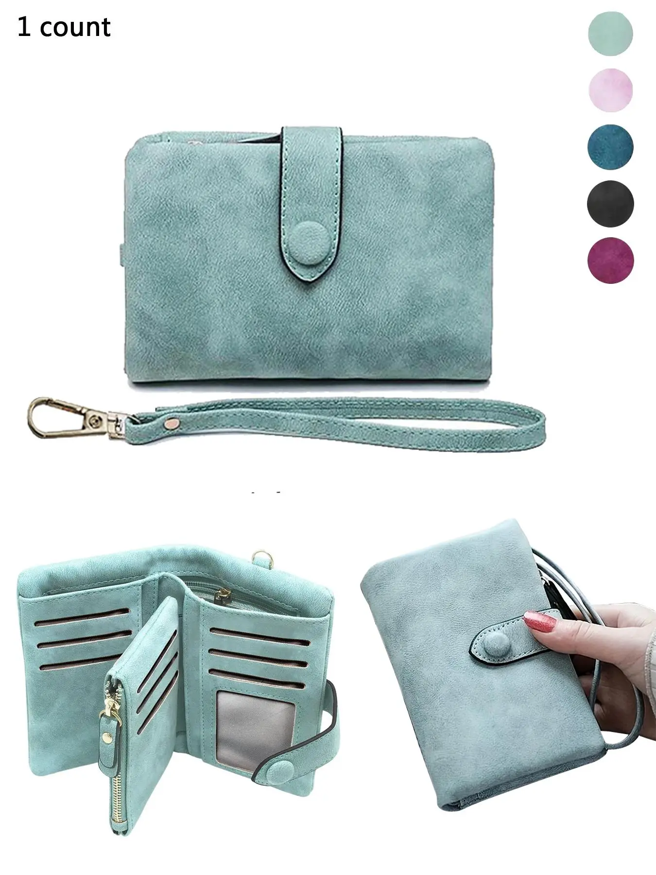 Women's Solid Color PU Leather Zipper Short Wallet, 2025 New Style Fashionable Light Green Wallet with Wrist Strap, Simple All-match Card Holder for Daily Used