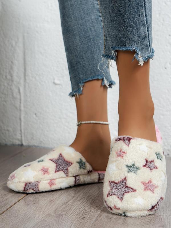 Women's Cute Bedroom Fuzzy Slippers Perfect, Trendy Y2k Style Star Pattern Cozy Fluffy Slippers, Ladies Slippers, Plush Warm House Slippers, Silent Non-slip Platform Slippers, Footwear 2