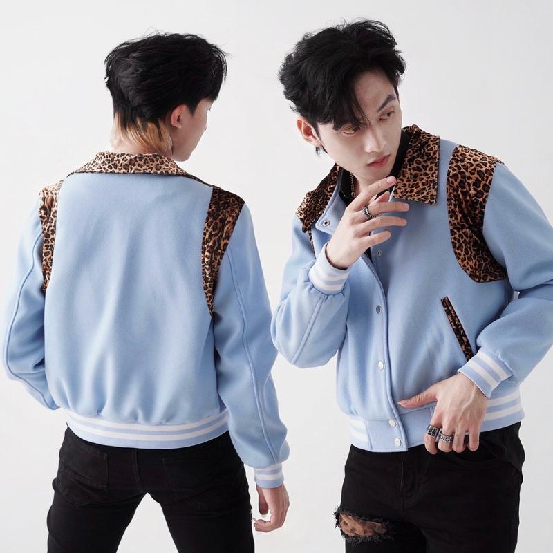 Baby Blue Leopard Varsity Jacket 1