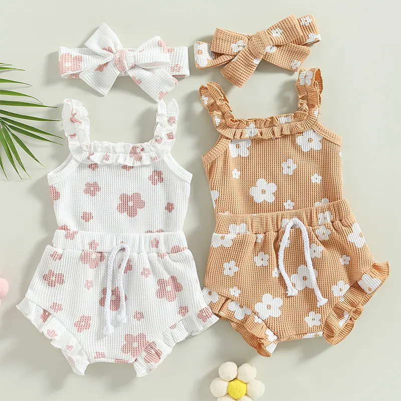 Baby Girls 3Pcs Summer Clothes Outfits Floral Sleeveless Strap Romper Elastic waist  Shorts Bow Headband Set