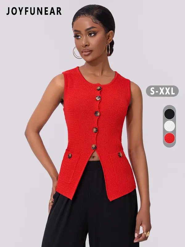Women's Plain Button Pocket Vest Jacket, Casual Sleeveless Round Neck Knit Top for Summer, Ladies Clothes for Daily Wear 0