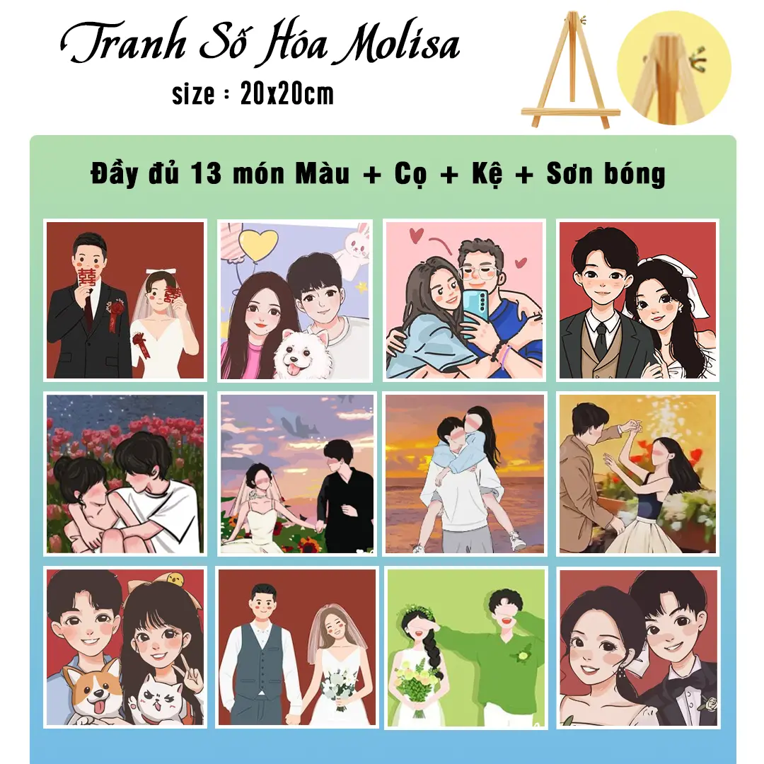 [MỚI NHẤT] Tranh Số Hóa CẶP ĐÔI Molisa | Hot Nhất 2024  |  [20x20, căng sẵn khung, cọ, màu, 11 món ...] Diy Tô Màu Vẽ Tranh Làm Đồ Handmade