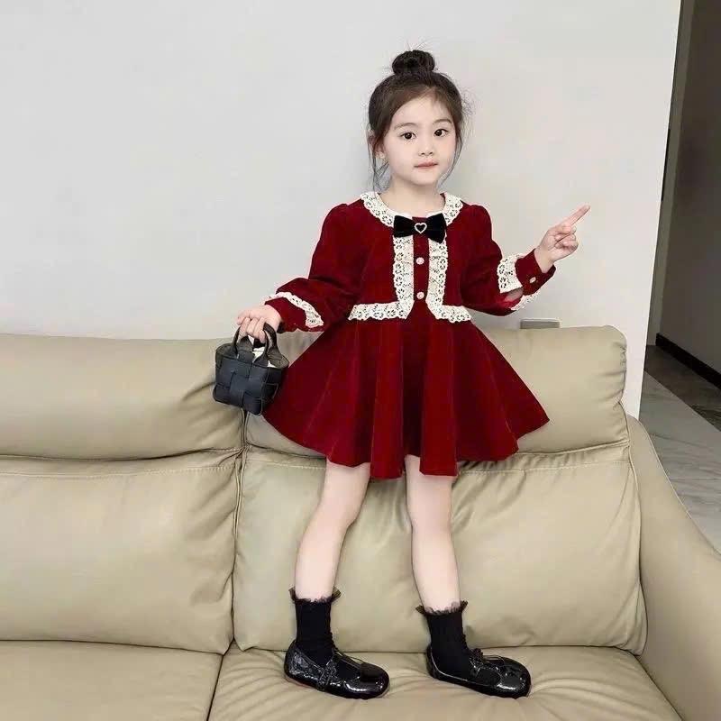 ￼Bộ thu đông bé gái,váy nhung 2 tầng cổ nơ phong cách tiểu thư cho bé diện noel, tết 2025 cho bé 10 - 20kg Moon Jonhny 2