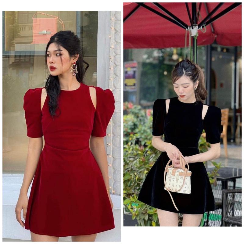 Đầm đỏ mặc Tết, đầm chất nhung tay bồng khoét vai 2 màu xinh xắn Danie Dress Nữ Váy