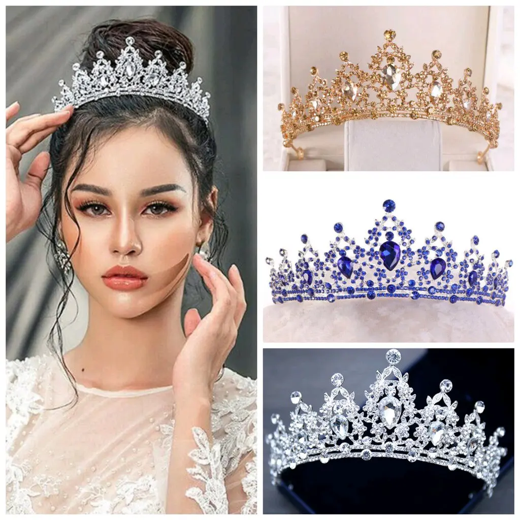 Eadlyn Crown - Mahkota Pengantin Elegan - Mahkota Tiara Biru - Aksesoris Rambut Pengantin Anak Berlian Gold Kristal Putri Silver