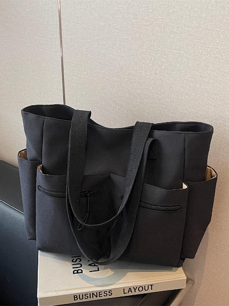 Product Introduction of Women's Solid Color Zipper Handbag, Large Capacity Multi-pocket Design Tote Bag, Casual Versatile Shoulder Bag for Daily Used 0