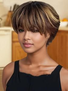 10 Inch Short Straight Human Hair Wigs for Women, Gorgeous Fluffy Wigs with Bangs, Human Hair Full Machine Wigs for Party, Daily Use