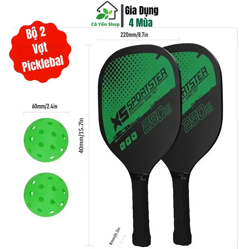 Bộ 2 Vợt Chơi Bóng Pickleball Siêu Nhẹ Cao Cấp Kèm Túi Đựng và 4 Quả Bóng Chuyên Nghiệp 0