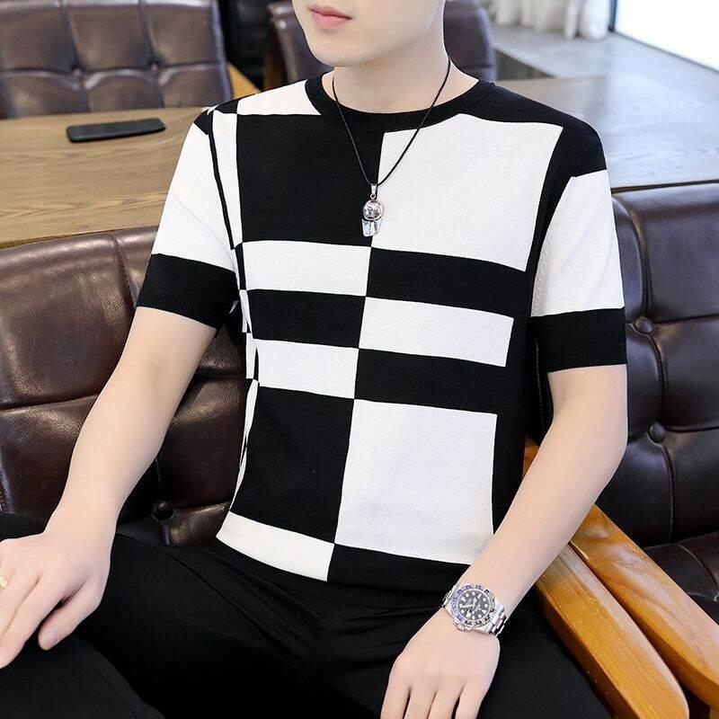 Product Introduction of High-End Ice Silk Short Sleeve T-Shirt Men's Slim Fit round Neck Youthful Summer Casual Shirt Thin Fabric Collision Color 3
