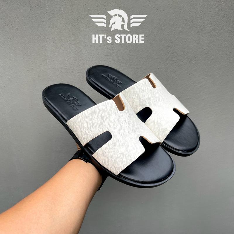 Dép quai ngang chữ H cho nam quai da trắng, mặt da màu đen, đế cao su đen đẹp boy cháy phố - Dép nam đẹp 2024 Đế Bằng