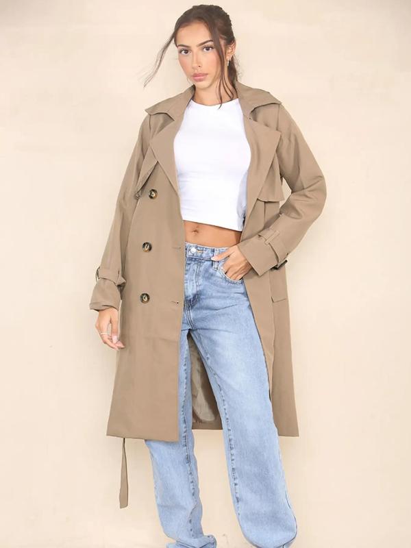 Women's Solid Double Button Belted Trench Coat, Elegant Lapel Neck Long Sleeve Coat for Fall & Winter, Women's Clothing for Daily Wear 1