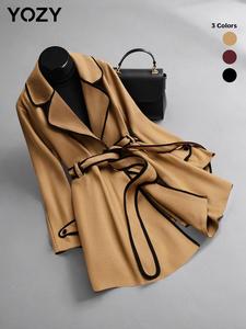 YOZY Women's Contrast Binding Belted Overcoat, Casual Long Sleeve Lapel Neck Coat for Fall & Winter, Women's Clothing for Daily Wear, Fall Clothes, Winter Clothes，Valentine's Day Gift for Girl