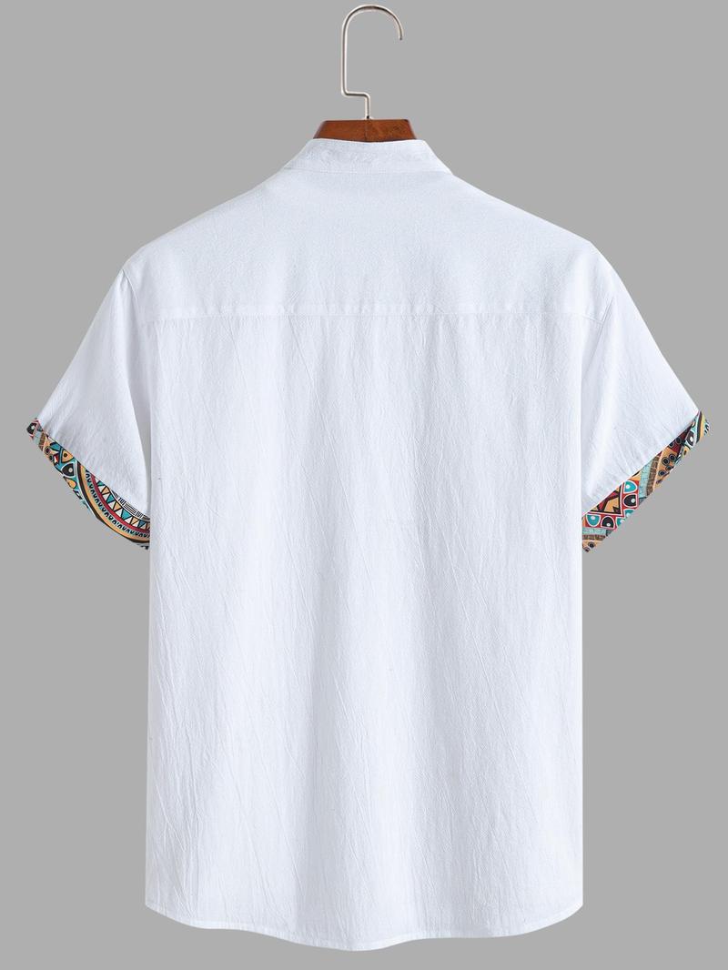 Product Introduction of Men's Contrast Trim Tribal Print Vintage Short Sleeve  Shirt, Regular Fit Casual Comfy Button Front Mock Neck Top for Summer, Fashion Men's Clothes for Daily Wear 2