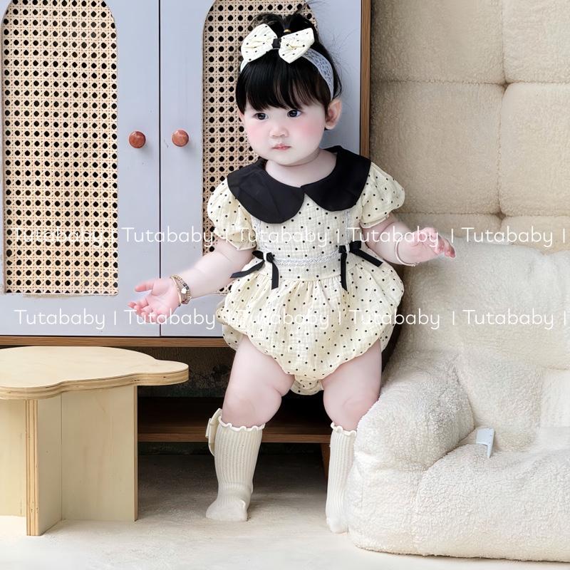 Bodysuit Cho Bé Chấm Bi Cổ Đen Chất Xô Muslin Kèm Turban Nơ Xinh Cho Bé 3-11kg