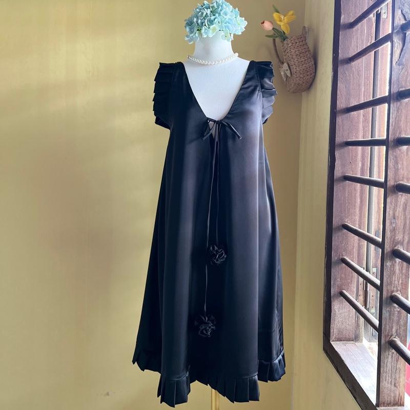 Đầm Ngủ Mặc Nhà Nữ Cổ Chữ V Cùng Dây Nơ Kết Bông Tròn Làm Thủ Công, Form Dáng Chữ A, Chất Liệu Lụa Trơn Mịn VN03  Women Dress váy vây 5