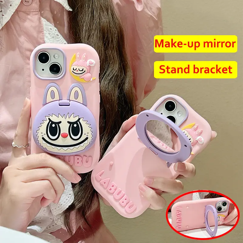 Ốp Silicon Mềm, Có Giá Chân Đế Gương, Dành Cho iPhone 14 Pro Max, 15, 15pro, 15promax, 13, 12, promax, 11, Thiết Kế Labubu Hoạt Hình Dễ Thương, Vỏ Màu Hồng