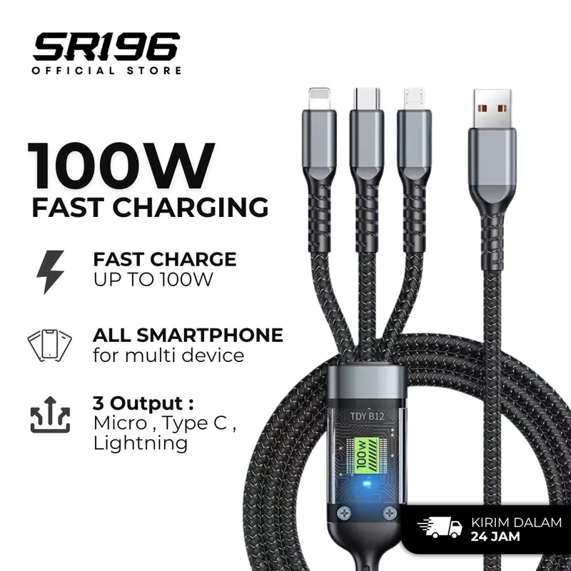 Kabel Data Charger 3in1 Fast Charging 100W USB to Micro Typec Lightning Fast Transmission Data up to 480mbps