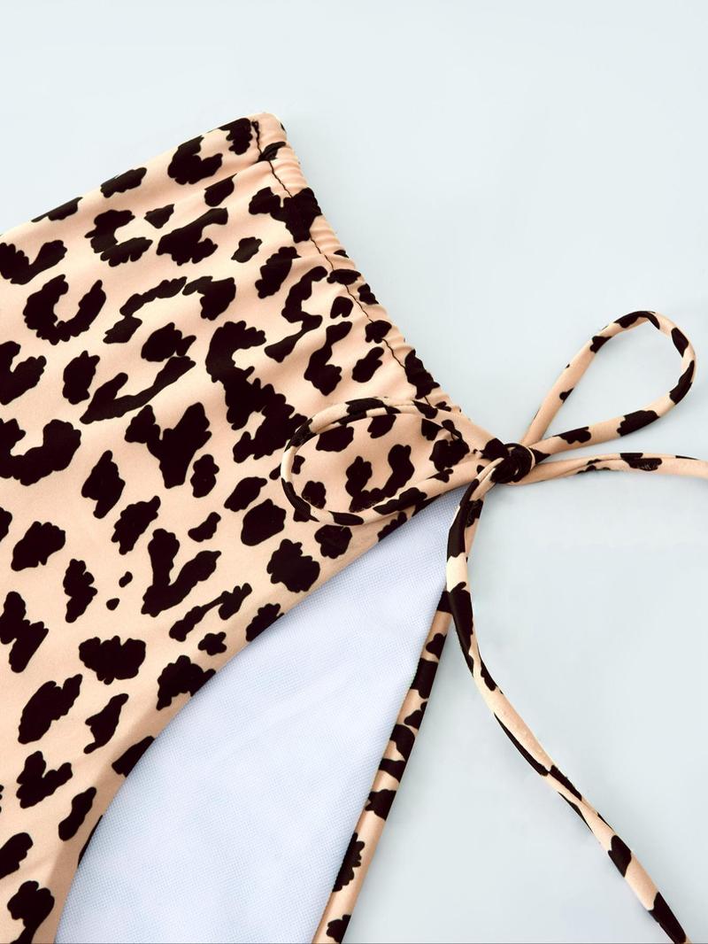 Product Introduction of Plus Size Two-Piece Set Leopard Print One Shoulder Drawstring Bikini Set, Fashion Cut Out Swim Top & High Waist Swim Bottom, Women's Two-piece Swimsuit for Summer Beach Holiday Vacation 6