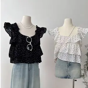 Atasan sifon motif bunga gelembung putih manis mungil tanpa lengan pendek wanita modis lengan terbang kecil