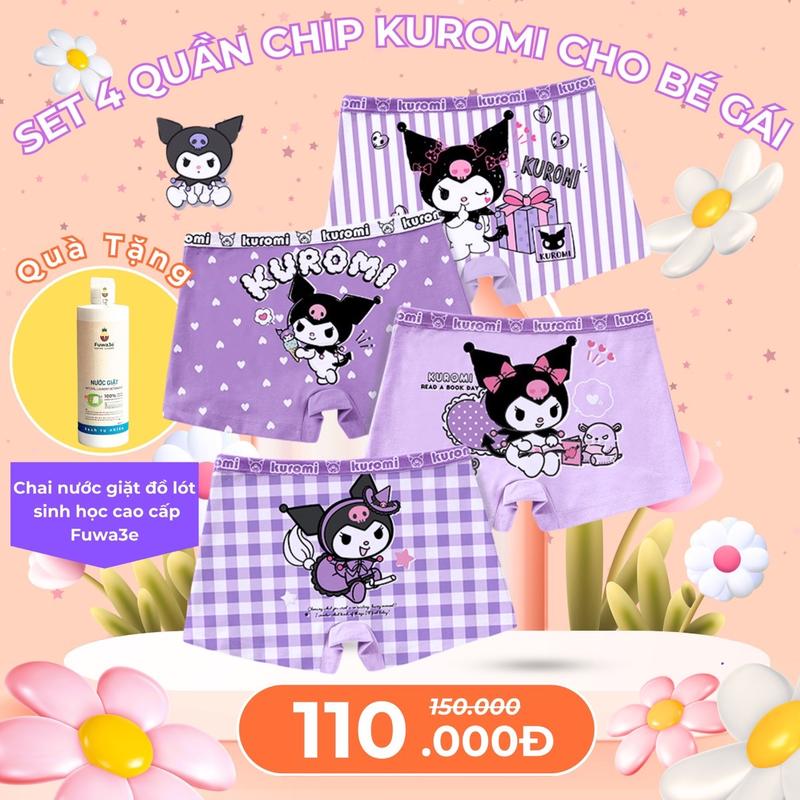 [VD2]Set Chíp Quần Cho Bé Gái Họa Tiết Kuromi Cao Cấp - 1 Set 4 Chiếc - Có Đũng 2 Lớp Thoáng Khí Thấm Hút Tốt - Vải Cotton Co Giãn - Phù Hợp Cho Bé Từ 12 tới 45kg. Tặng chai nước giặt đồ lót sinh học Hãng Fuwa3e. quần chíp cho bé gái, quần lót cho bé gái
