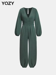 YOZY Women's Solid Bishop Sleeve Deep V Neck Jumpsuit, Casual Long Sleeve Jumpsuit for Fall & Winter, Women's Clothes for Daily Wear