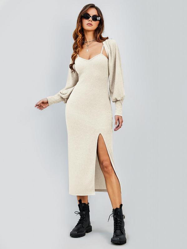 Two-Piece Set Women's Solid Co-ord Set, Split Thigh Knit Cami Dress & Bishop Sleeve Open Front Crop Top Set, Women's Clothing for Spring & Fall 7