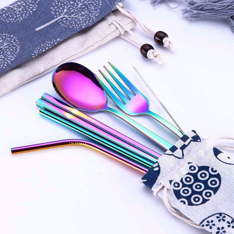 Set Alat Makan Sendok Garpu Sedotan Sumpit Stainless dengan Kantong 6Pcs TaffHOME - T10 Cutlery Unik Estetik Outdoor 2
