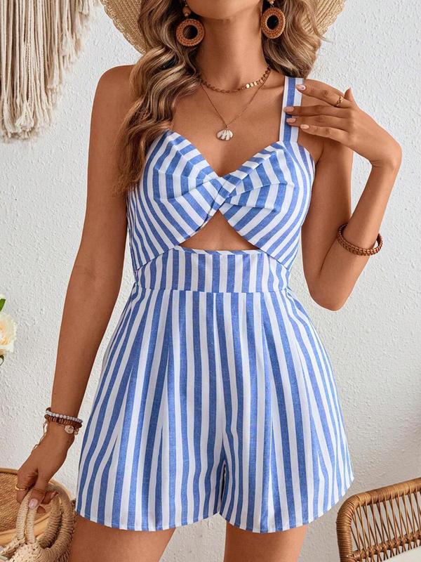 Women's Solid Color / Stripes Print Cut Out  Romper, Casual Fashion Romper for Summer, Women's Clothes for Beach Holiday 6