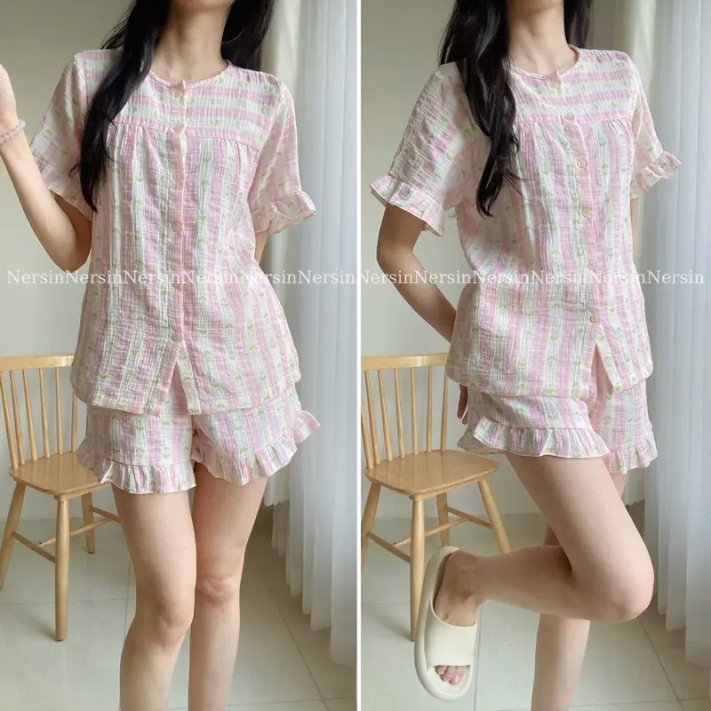 Bộ đùi mặc nhà Nersin cổ tròn cài nút tay ngắn chất liệu xô muslin cao cấp Nữ có bèo Women