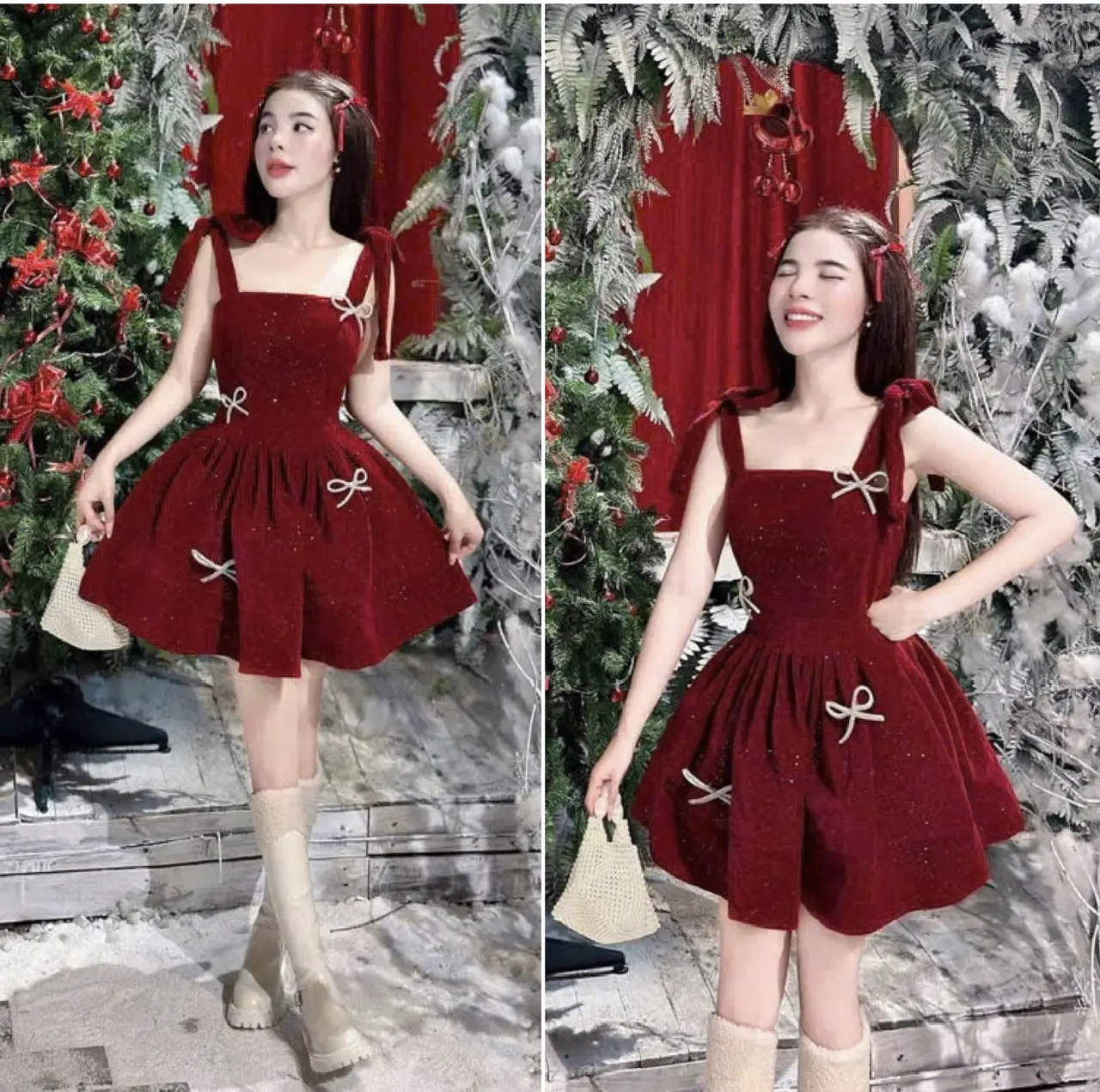 Đầm nhung hai dây cột nơ vai kiểu dáng xòe ngắn đính nơ xinh xắn dễ thương vaydodonnoel  🎄