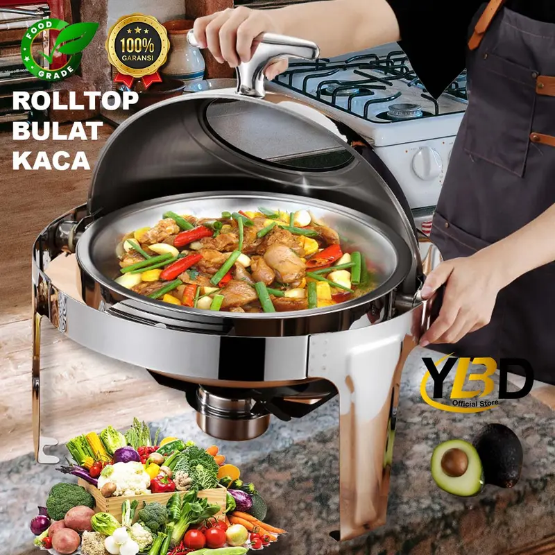 YBD - Prasmanan Roll Top Stainless Steel 6.8 Liter Tutup Stainless & Tutup kaca | Roll top prasmanan bulat Gold & silver | Perlengkapan dapur wadah prasmanan stainless | Tempat makan prasmanan | Roll top wadah makanan peralatan masak Kitchenware 1